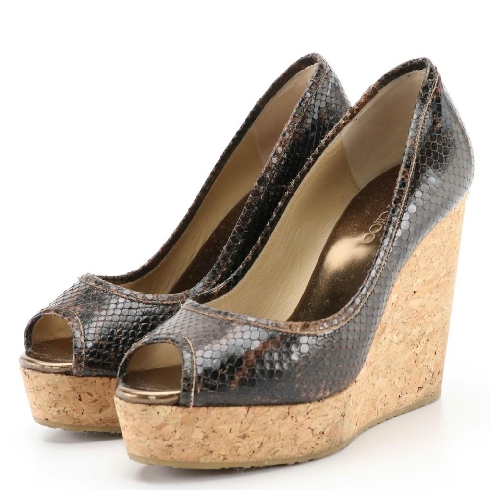 Jimmy Choo Pepina Brown Snake Peep Toe Platform Wedges